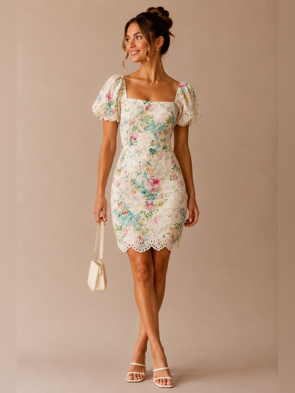 FORE Floral Eyelet Puff Sleeve‎ Mini Dress Cottagecore Romantic S